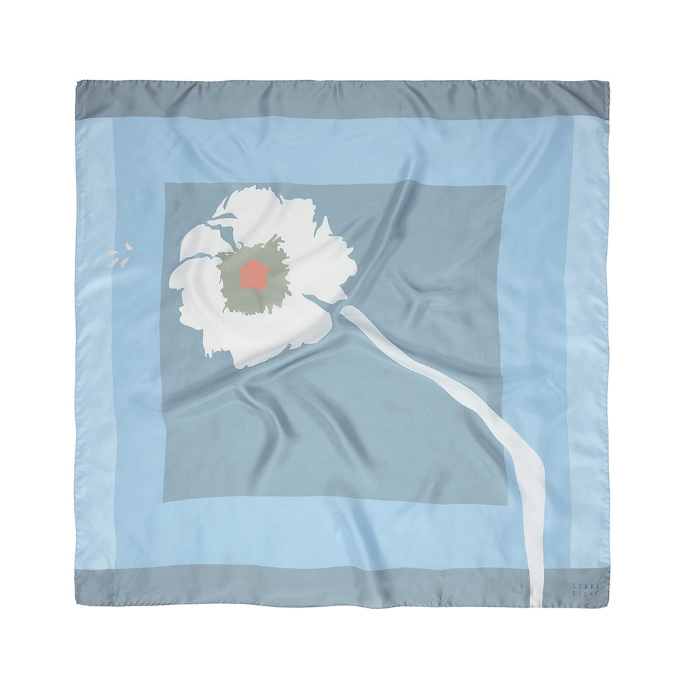 DESIGNER PAINTED DAISY SCARF IN BABY BLUE, GREY, SILVER AND CORAL